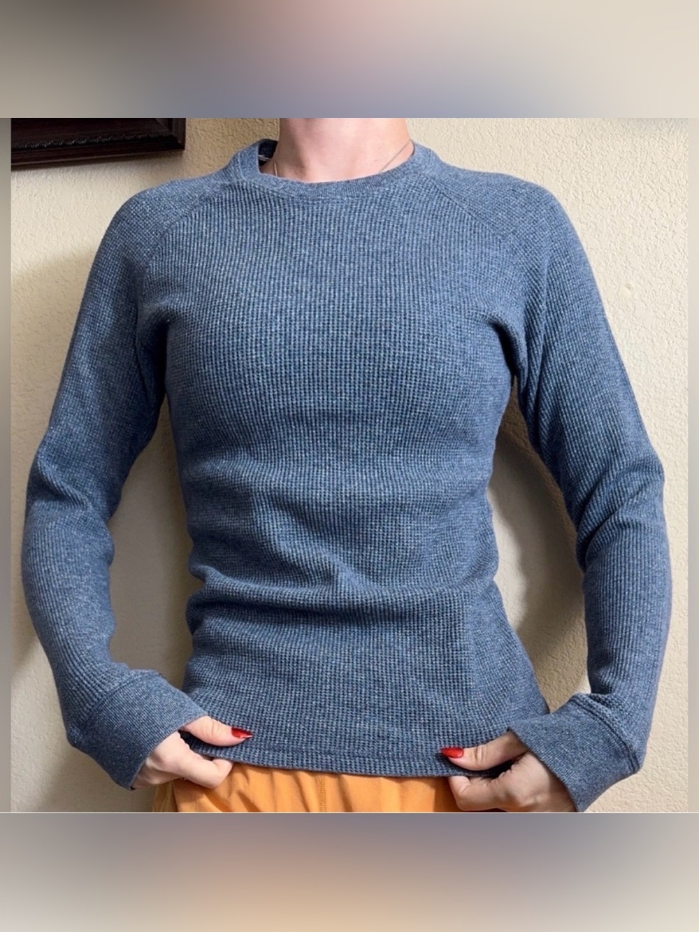 Sun & Stone Blue Waffle Knit Long Sleeve Crew Neck Tshirt Tee S